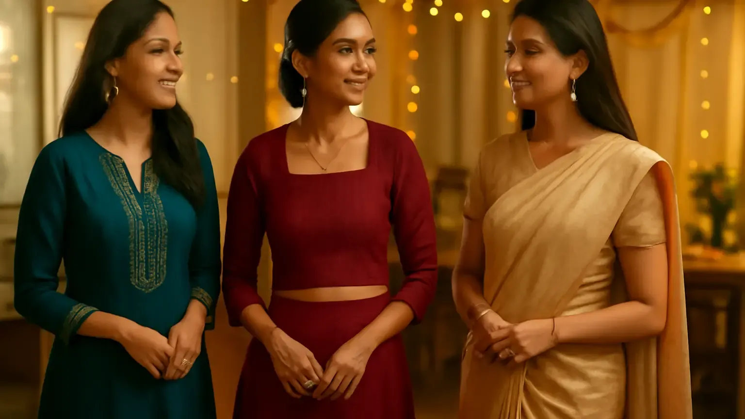 Indian women in polished kurta, co-ord and saree looks for an office Diwali party