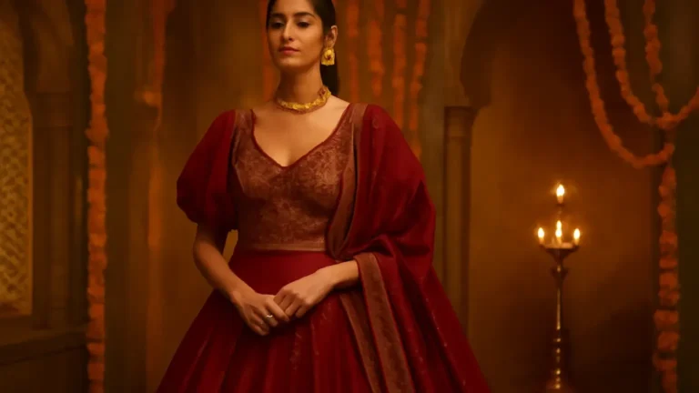 Indian woman in a balanced festive outfit with a statement neckline and flowing A-line silhouette