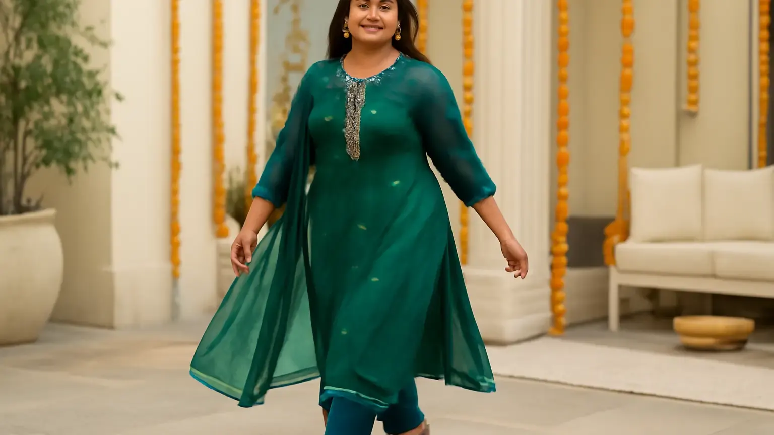 Plus size Indian woman in a breathable festive kurta set walking comfortably at a celebration