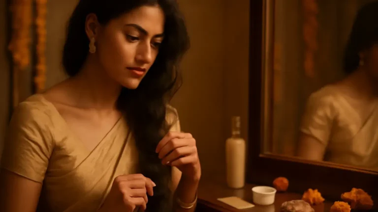 Woman preparing a loose festive braid with unbranded haircare accessories in a warm Indian setting