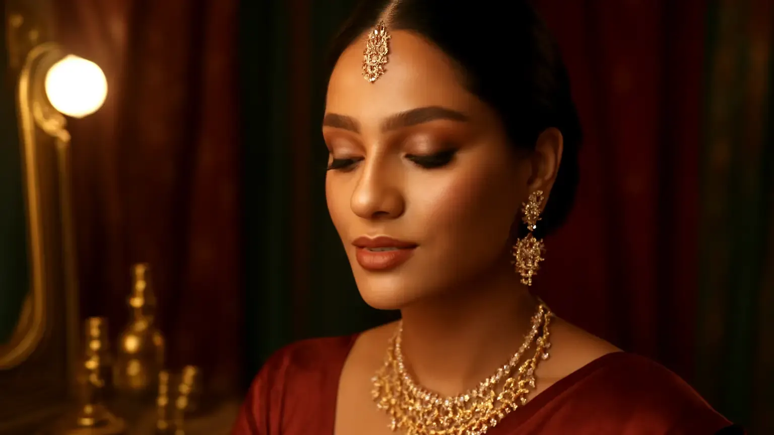 Indian woman wearing warm bronze festive makeup with a softly luminous complexion and terracotta-rose lipstick
