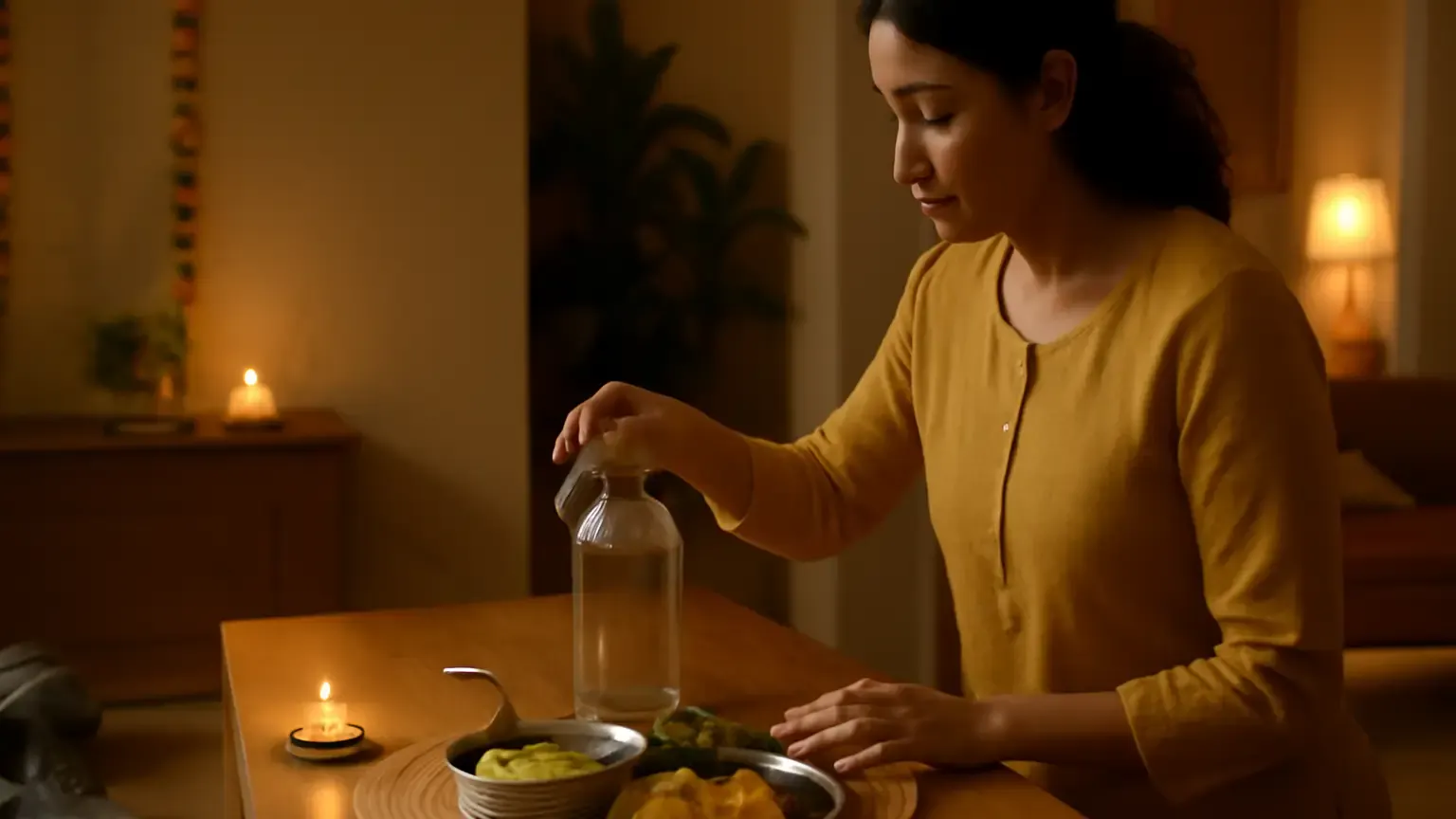 Indian festive wellness scene with water, a balanced meal, mithai and a yoga mat