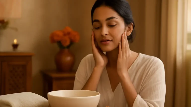 South Asian woman following a simple skincare routine with marigold accents before Diwali