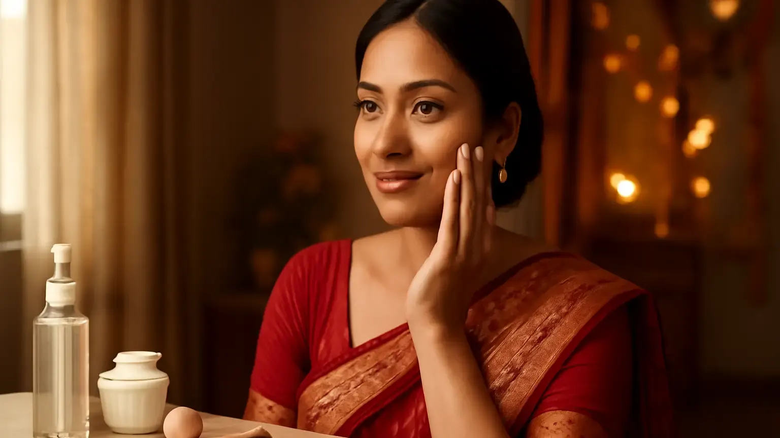 Indian woman preparing hydrated skin and light makeup before festive photos