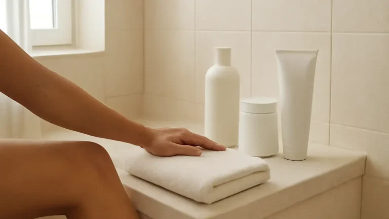 Unbranded body care products, towel and moisturised skin in a bright Indian bathroom