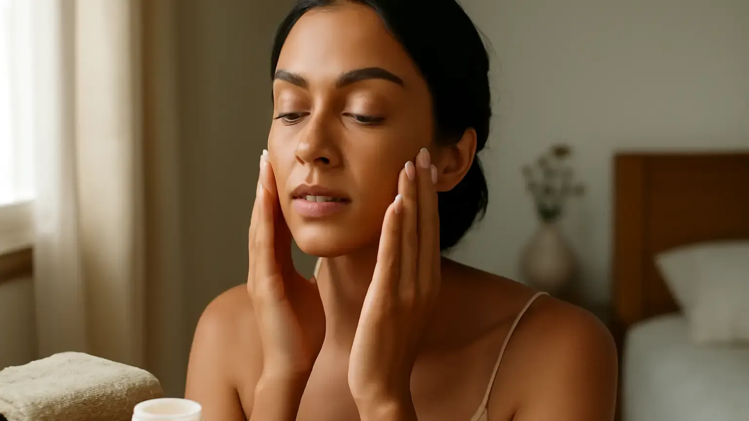 Indian woman gently massaging moisturised cheeks with clean fingertips at home