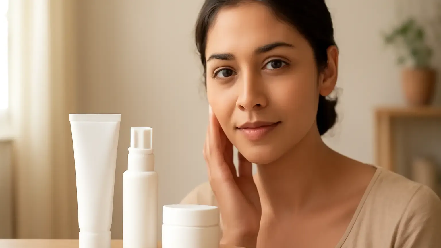 Indian woman with naturally fresh skin beside simple unbranded skincare products in soft morning light