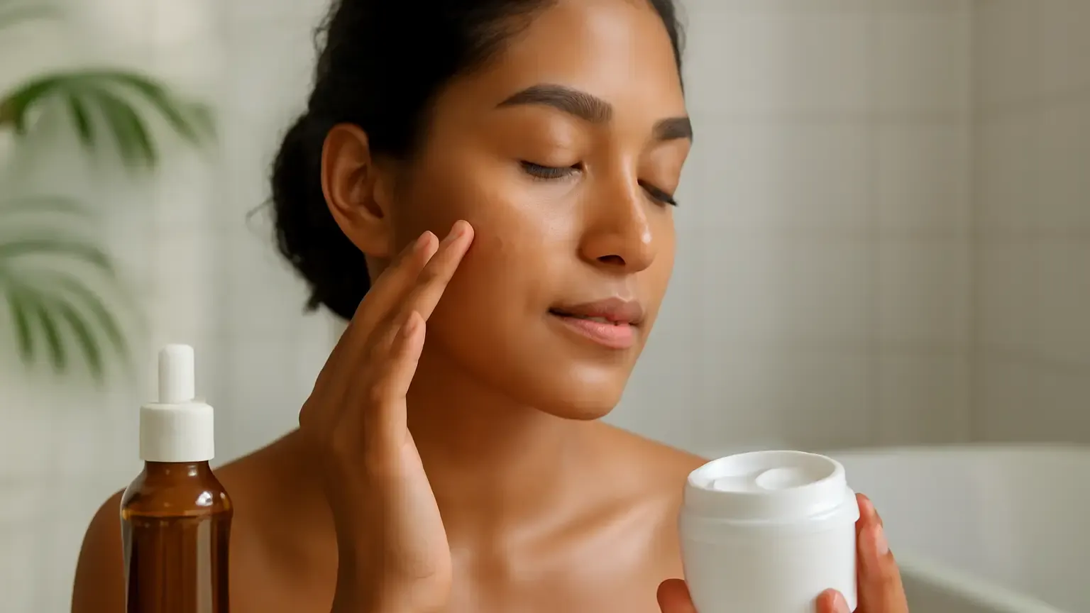Woman applying hydrating serum and moisturiser in an Indian bathroom