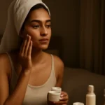 Woman completing a simple night skincare routine at a softly lit Indian bedroom vanity