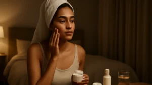 Woman completing a simple night skincare routine at a softly lit Indian bedroom vanity