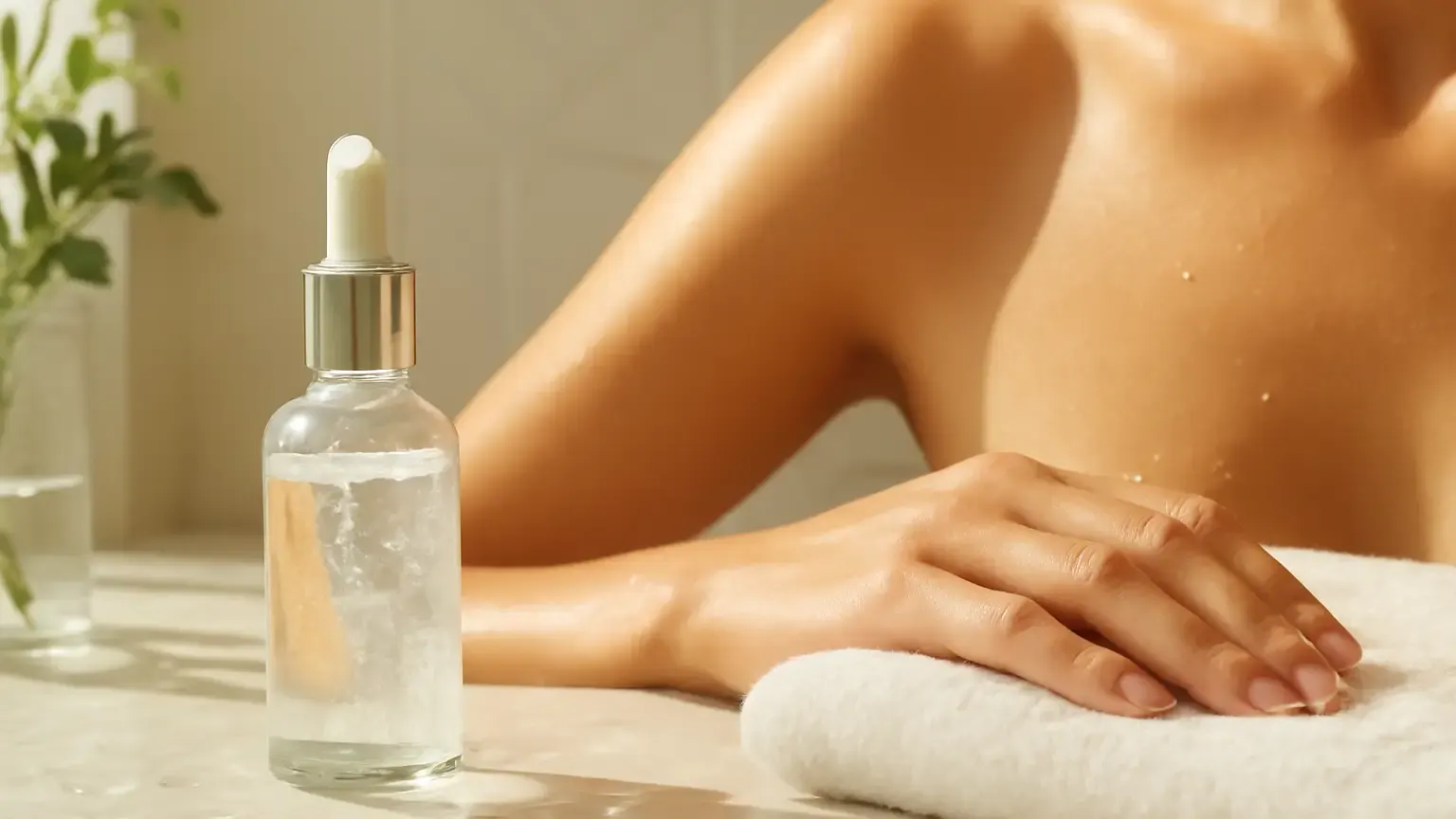 Unbranded skincare serum beside a towel and botanical accents in a bright bathroom