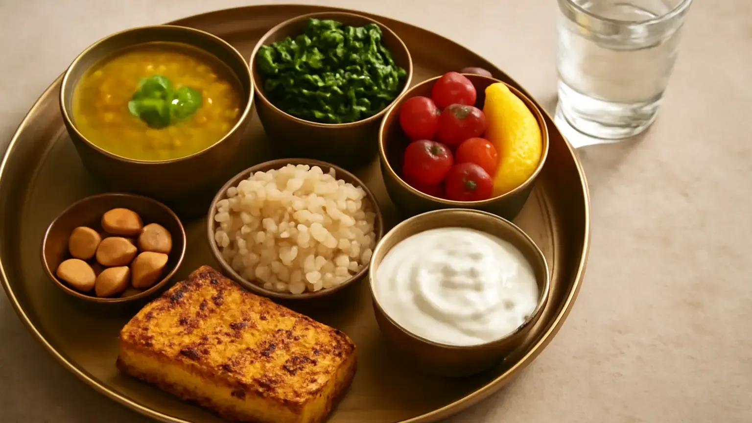Balanced Indian plate with dal, colourful vegetables, fruit, curd, grains and nuts for a skin-supportive diet.