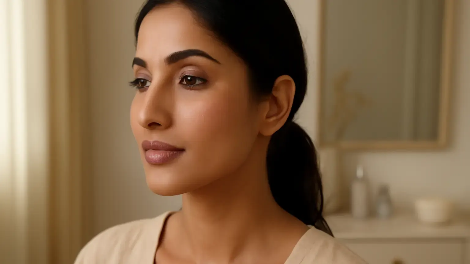 Indian woman wearing natural radiant makeup with soft cheekbone highlighter and a satin skin finish