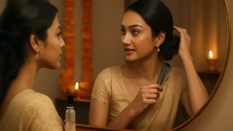 Indian woman testing a polished festive hairstyle beside a mirror before Diwali