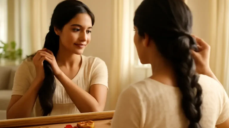 Indian woman preparing a soft festive hairstyle with simple hair accessories