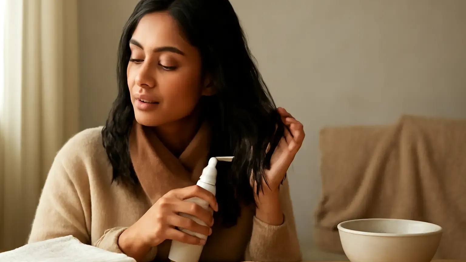 Indian woman using leave-in conditioner on damp hair during a dry winter morning