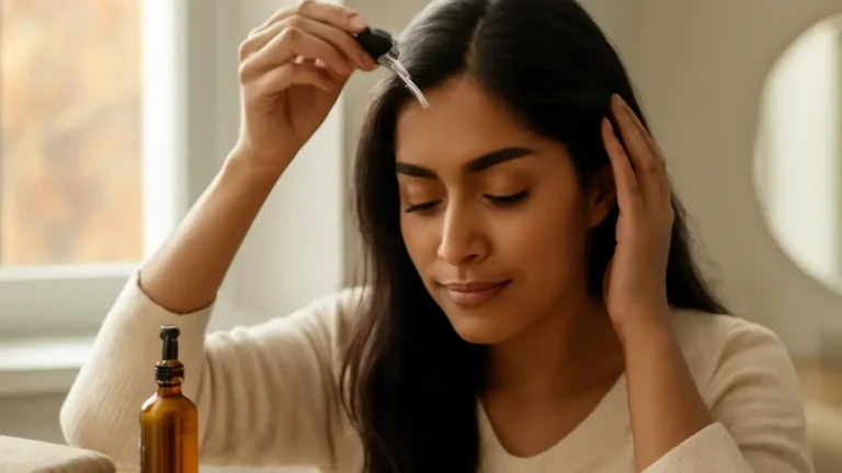 Indian woman applying lightweight scalp serum during an October hair-care routine