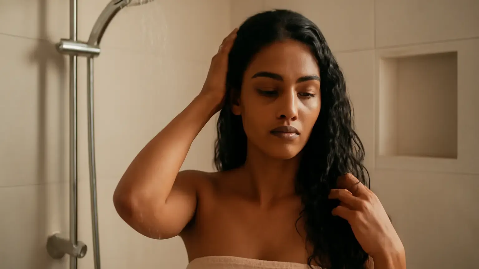 Woman conditioning textured hair in a modern Indian bathroom shower