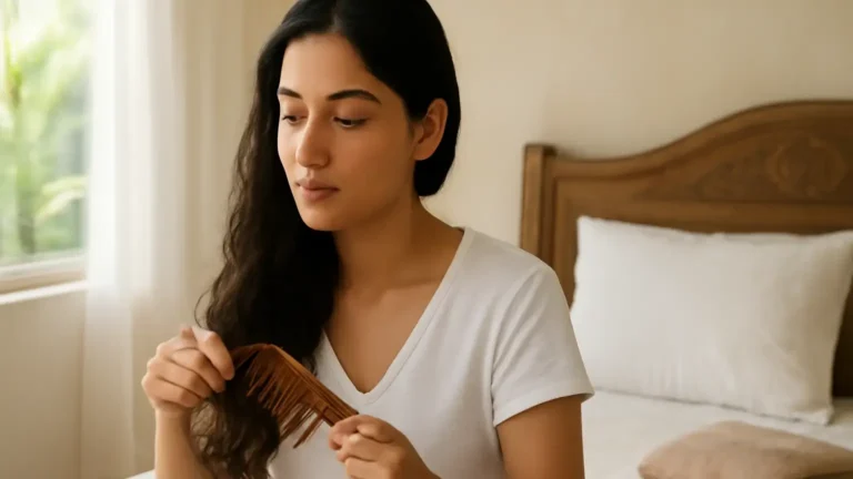 Woman gently detangling long dark hair beside a smooth pillow and soft towel