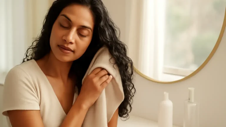 Indian woman gently drying wavy hair with a microfiber towel in a bright home