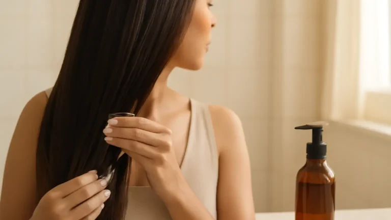 Woman caring for colour-treated hair with conditioner in a bright bathroom