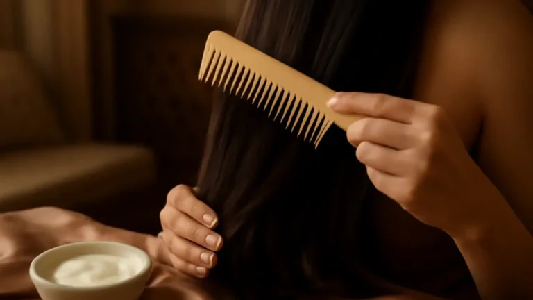 Gently detangling long dark hair with a wide-tooth comb to reduce split-end breakage
