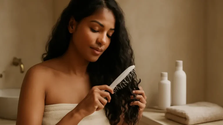Indian woman gently detangling conditioned hair with a wide-tooth comb on wash day