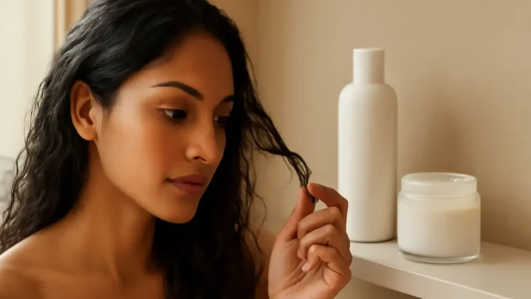 Indian woman assessing textured hair beside unbranded hair-care products