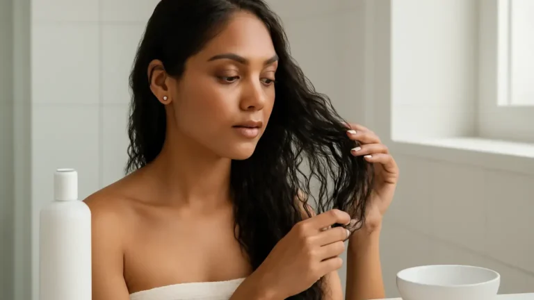 Woman checking clean hydrated hair after a clarifying wash in an Indian bathroom