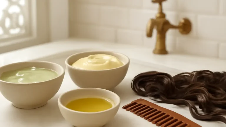 Unbranded hair-care textures representing lightweight, conditioning and sealing products for different hair porosities