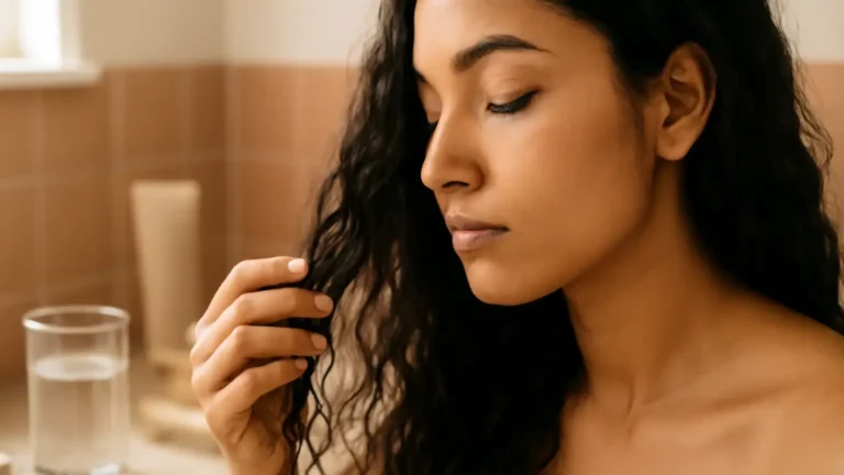 Close-up of textured hair being assessed beside a glass of water and neutral hair-care tools.