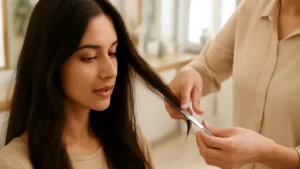 Stylist carefully trimming the dry ends of long textured hair in an Indian salon