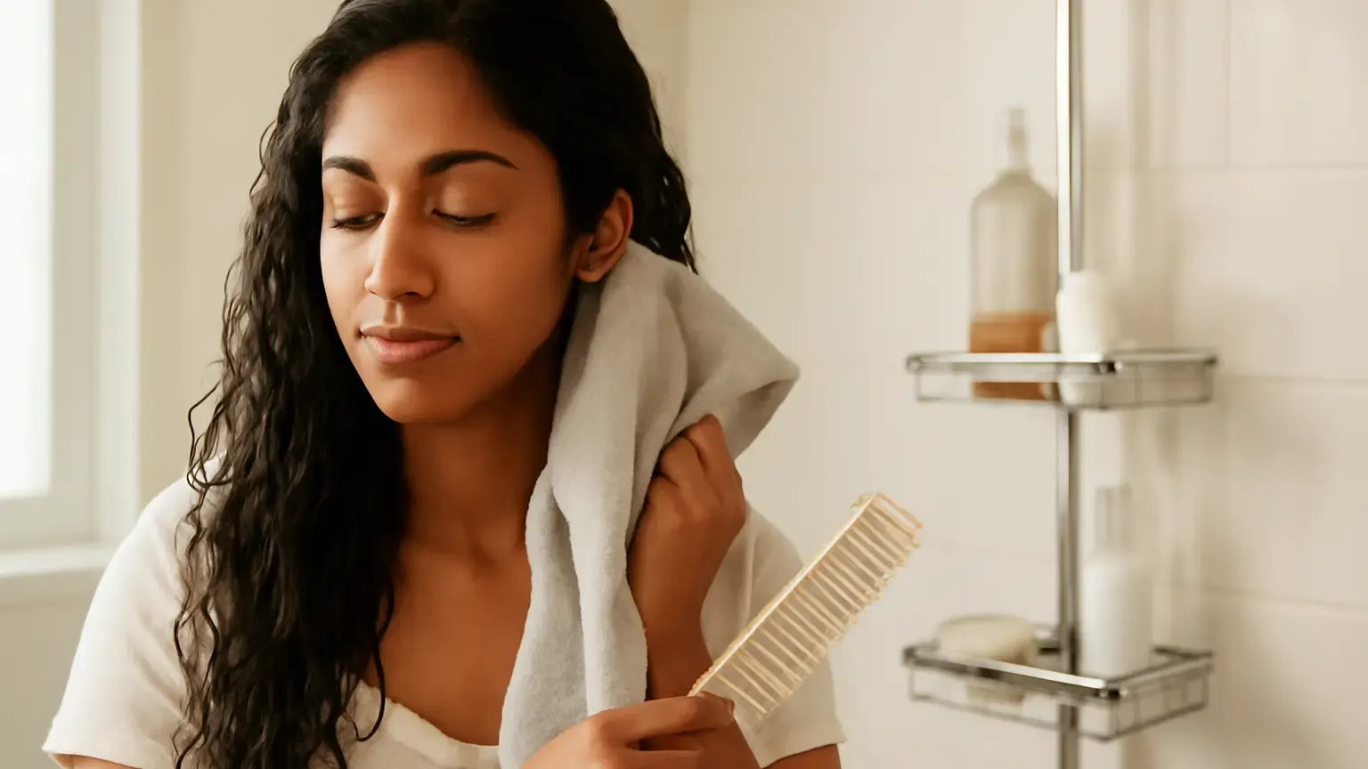 Indian woman gently blotting wet hair with a soft towel after washing