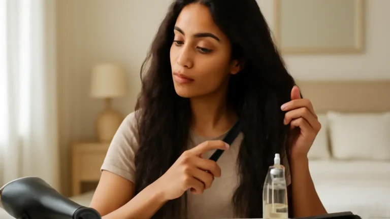 Woman sectioning dark hair while applying an unbranded heat protectant before styling