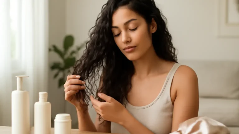 Woman applying leave-in conditioner to damp textured hair during a moisture-focused hair routine