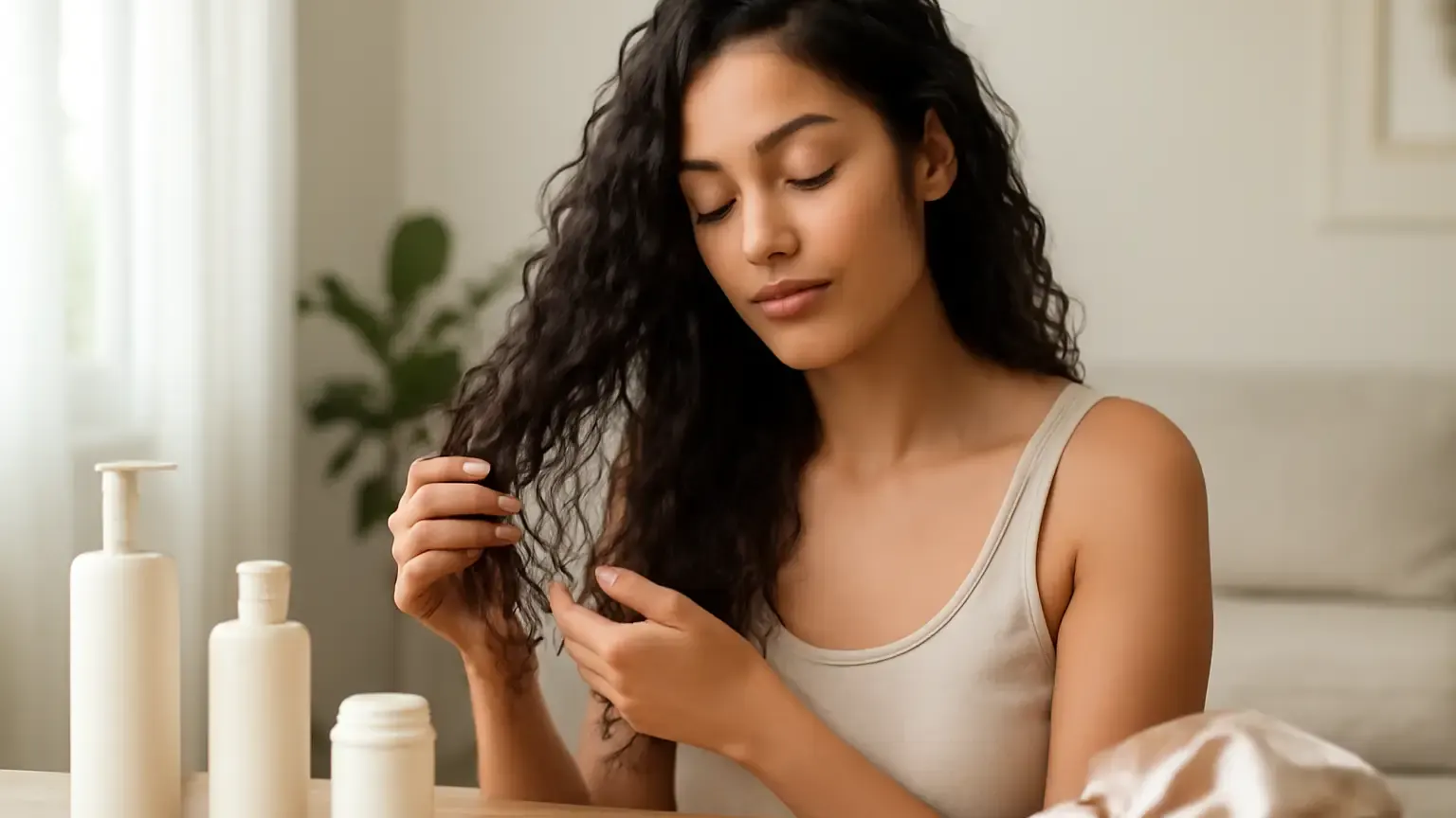 Woman applying leave-in conditioner to damp textured hair during a moisture-focused hair routine