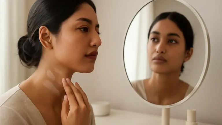 Indian woman comparing foundation swatches along her jawline in natural daylight