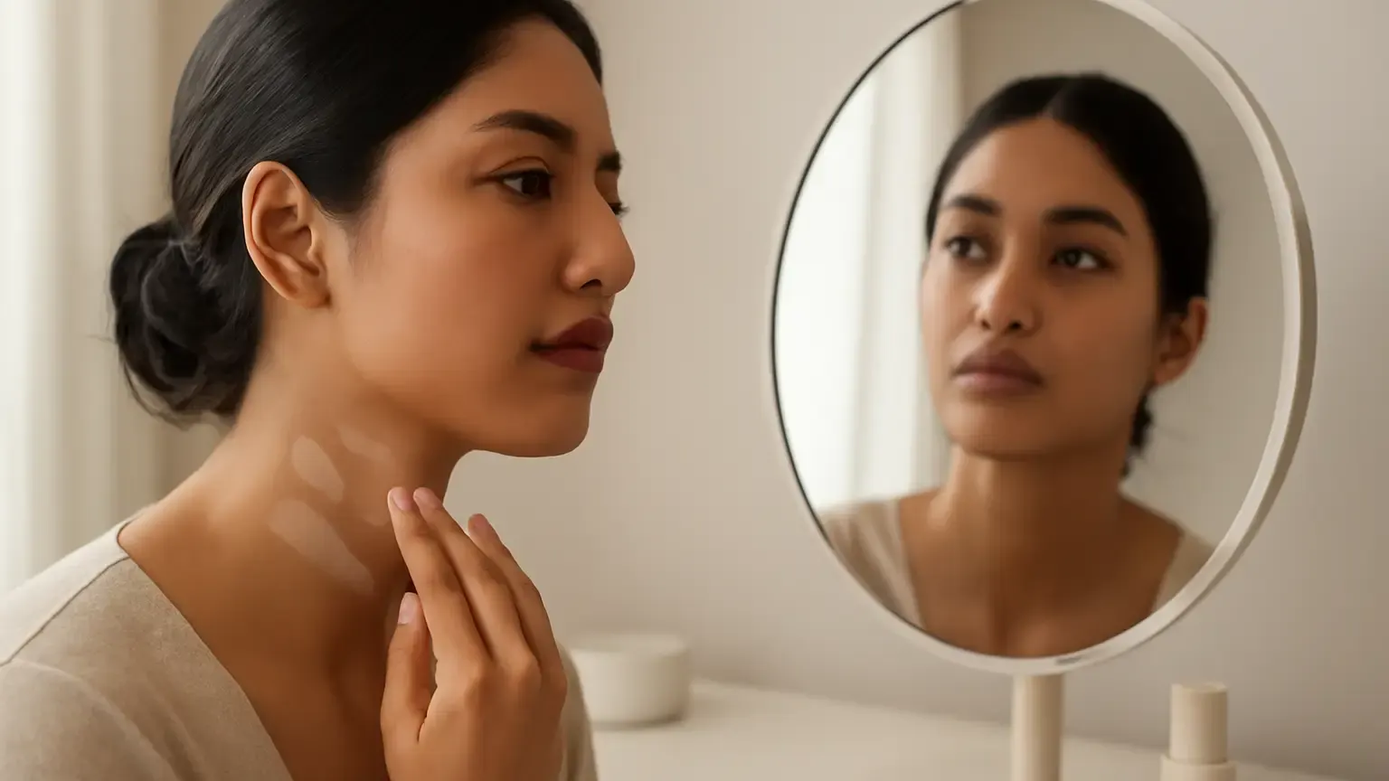 Indian woman comparing foundation swatches along her jawline in natural daylight