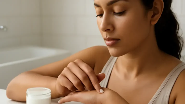 Person applying a small skincare sample to the inner forearm for a patch test
