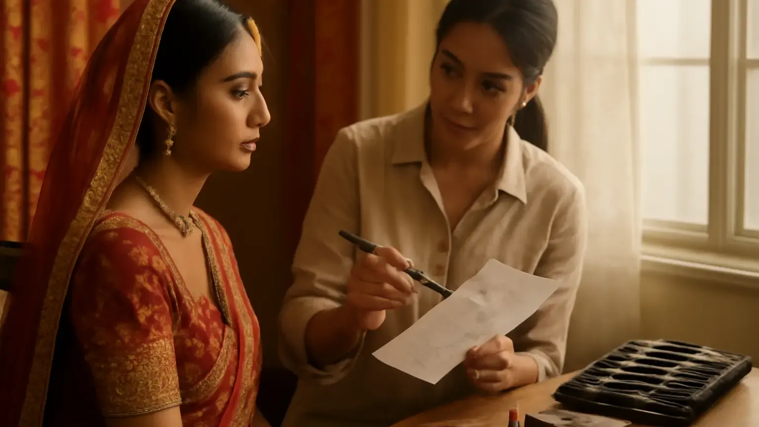 Indian bride reviewing a makeup trial and organised touch-up kit before her wedding