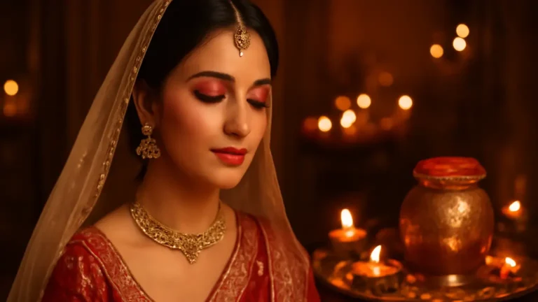 Indian woman in festive attire wearing soft Karwa Chauth makeup with warm eyes and a rose lip