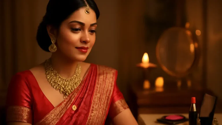 Indian woman wearing a comfortable long-wear festive makeup look with softly defined eyes and berry lipstick