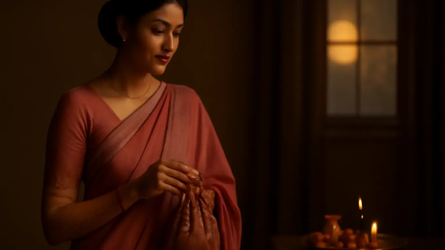 Indian woman wearing a lightweight festive Karwa Chauth outfit with subtle jewellery and mehendi