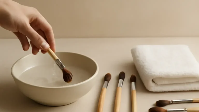 Makeup brushes being washed and dried horizontally on a clean towel.