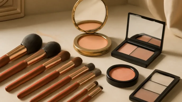 Nine essential makeup brushes arranged with neutral everyday makeup products