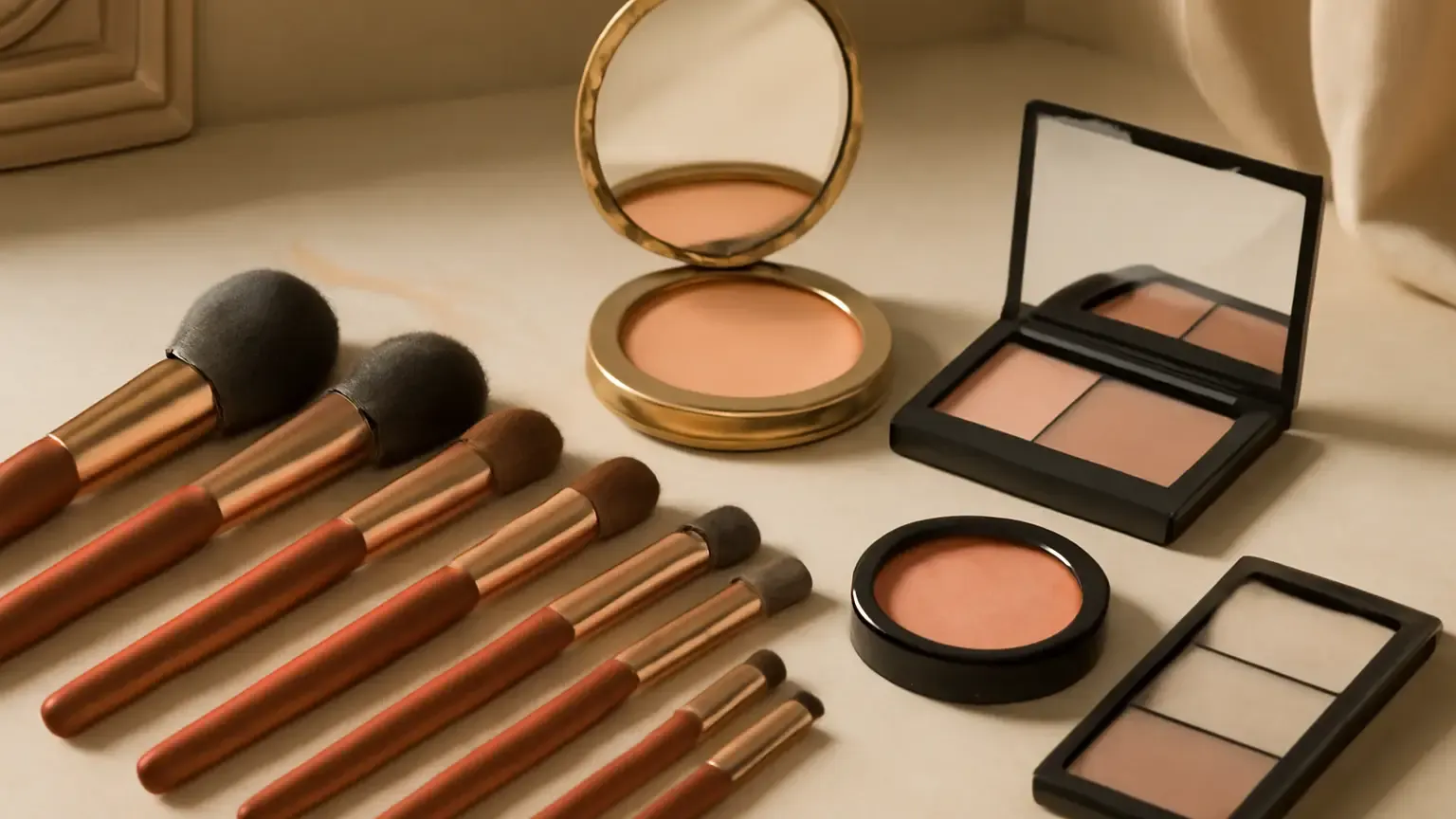 Nine essential makeup brushes arranged with neutral everyday makeup products