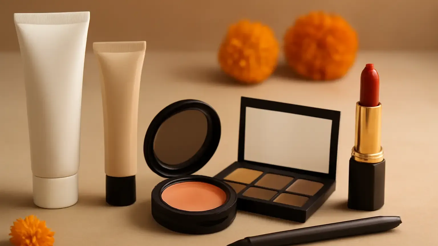 Six unbranded makeup products arranged for a beginner-friendly Indian festive look