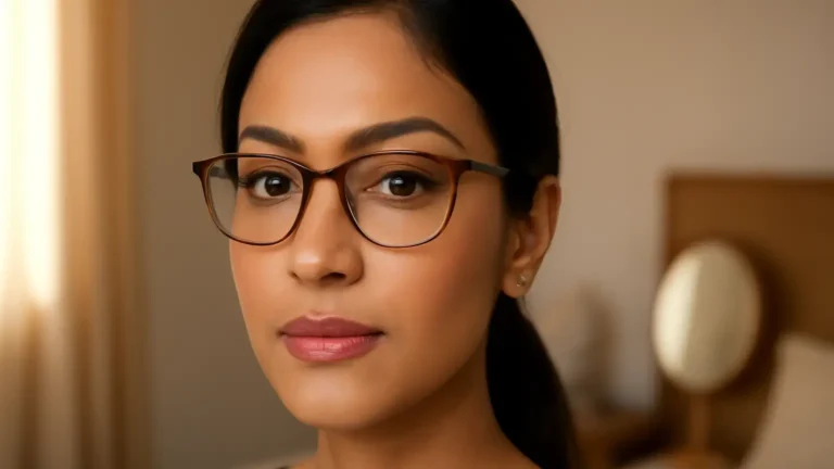Indian woman wearing eyeglasses with visible, balanced everyday eye makeup