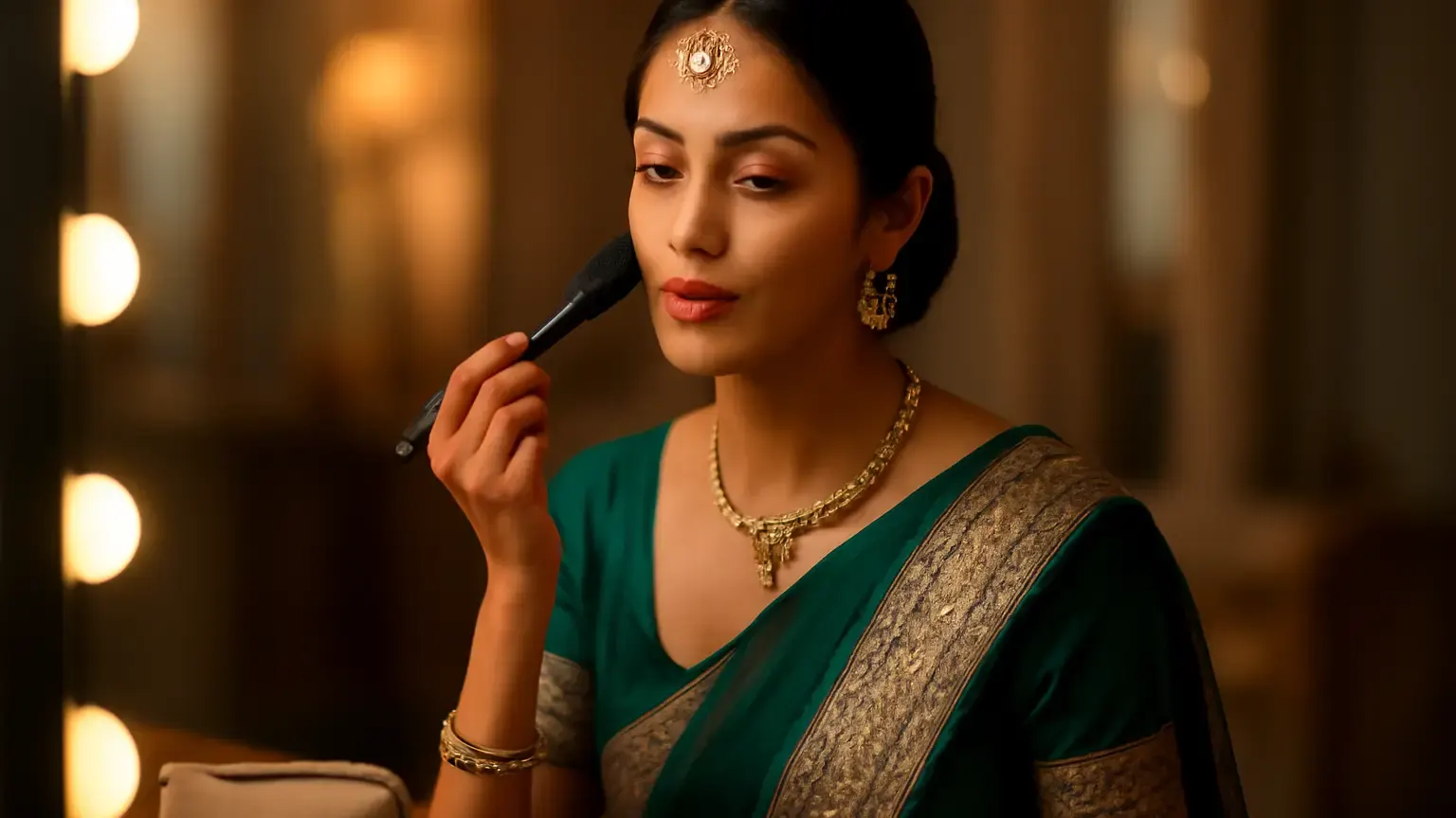 Indian wedding guest with polished festive makeup and a compact touch-up pouch