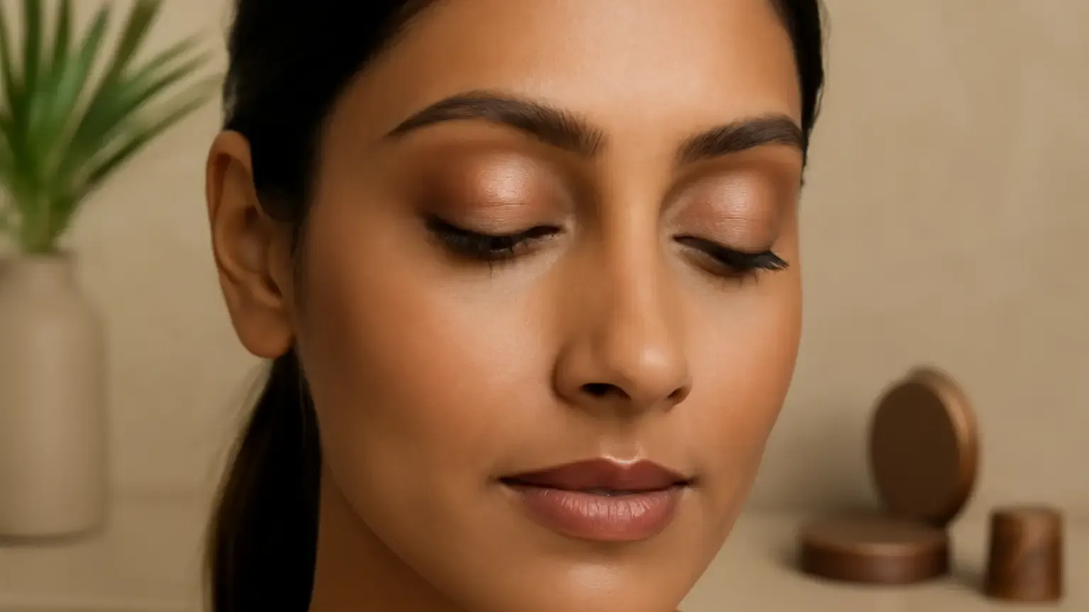 Indian woman wearing polished long-wear eye makeup suited to oily eyelids and humid weather